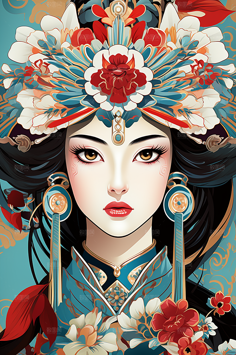 京剧女孩传统风格国潮插画