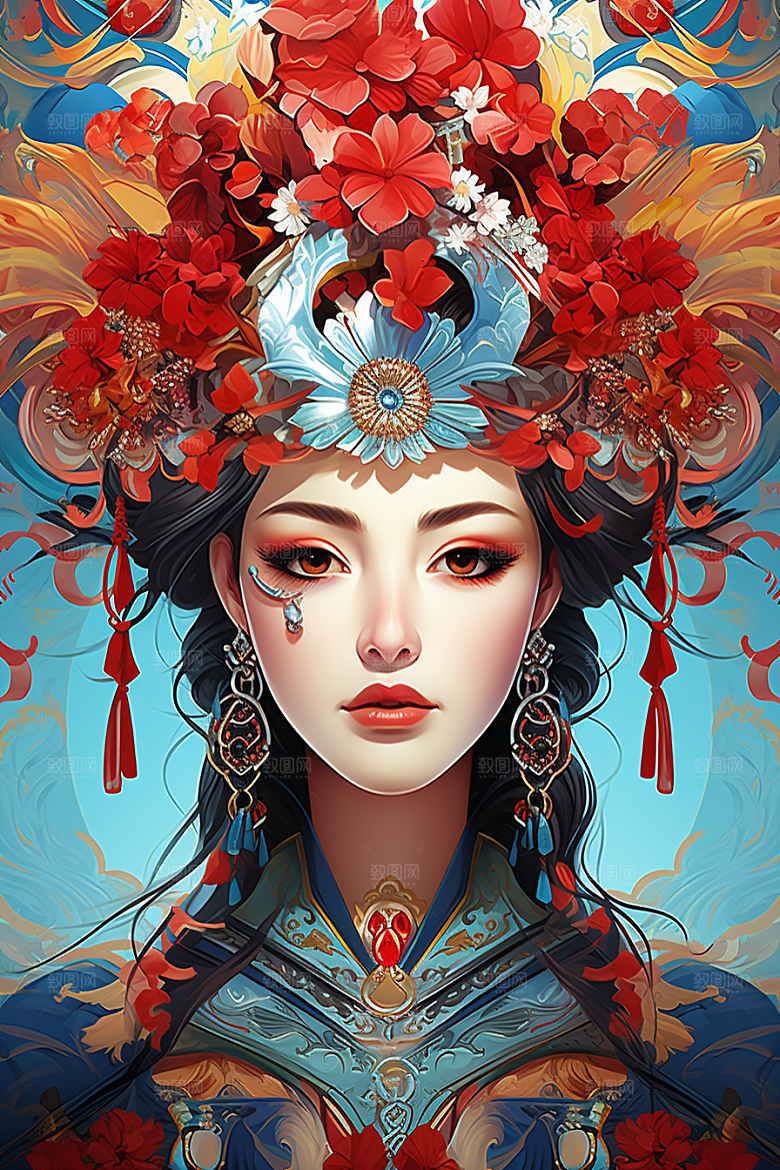 京剧女孩中国风手绘插画
