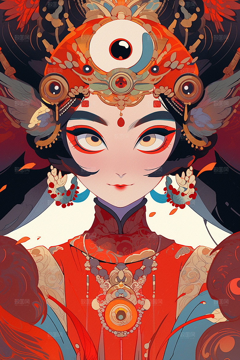 京剧女孩手绘扮相插画