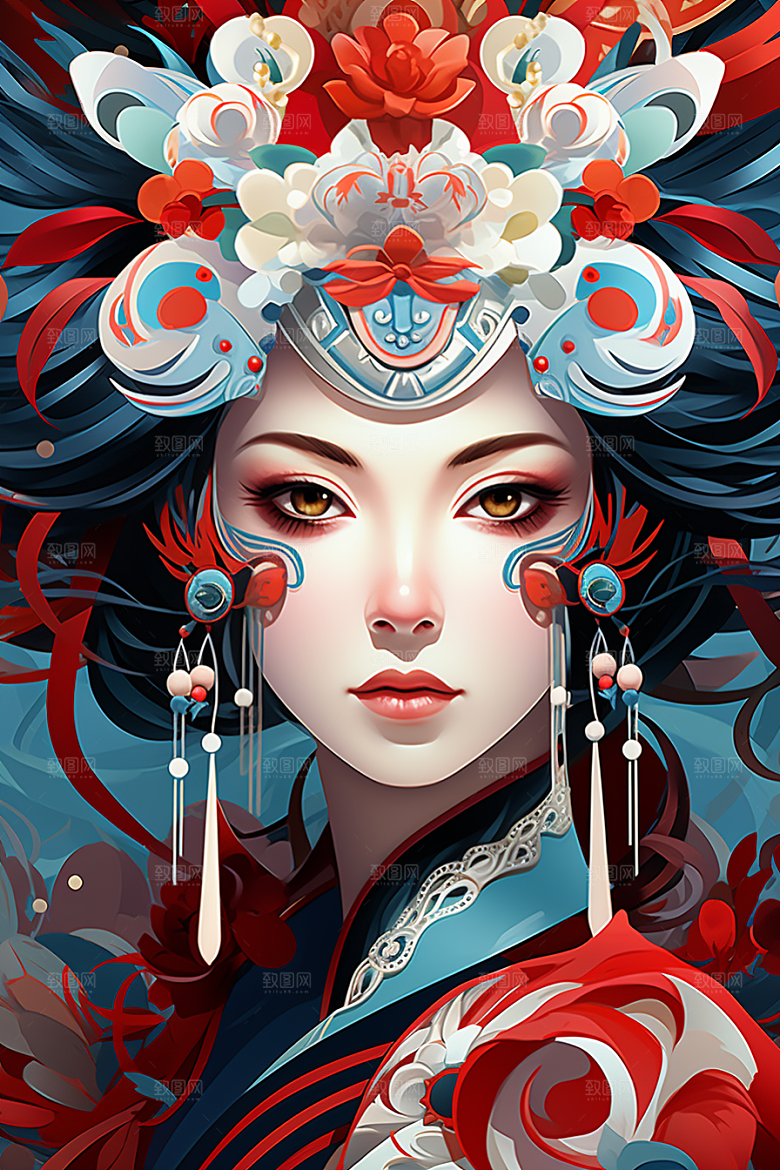 京剧女孩国潮中式插画