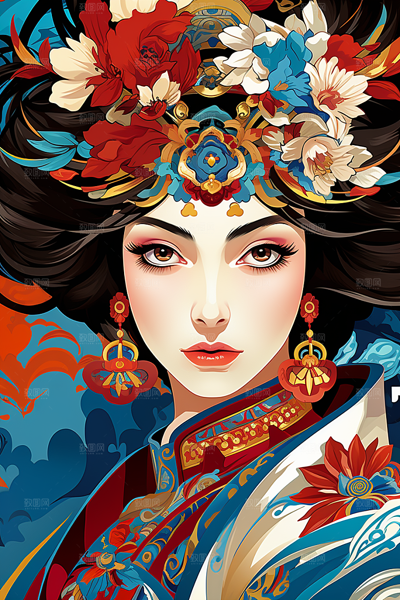 京剧女孩扮相传统风格插画