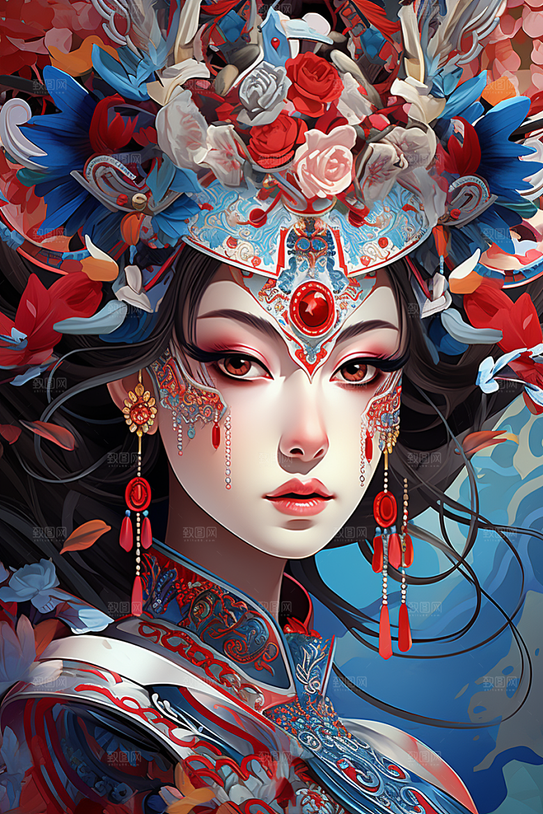 京剧女孩中式中国风插画