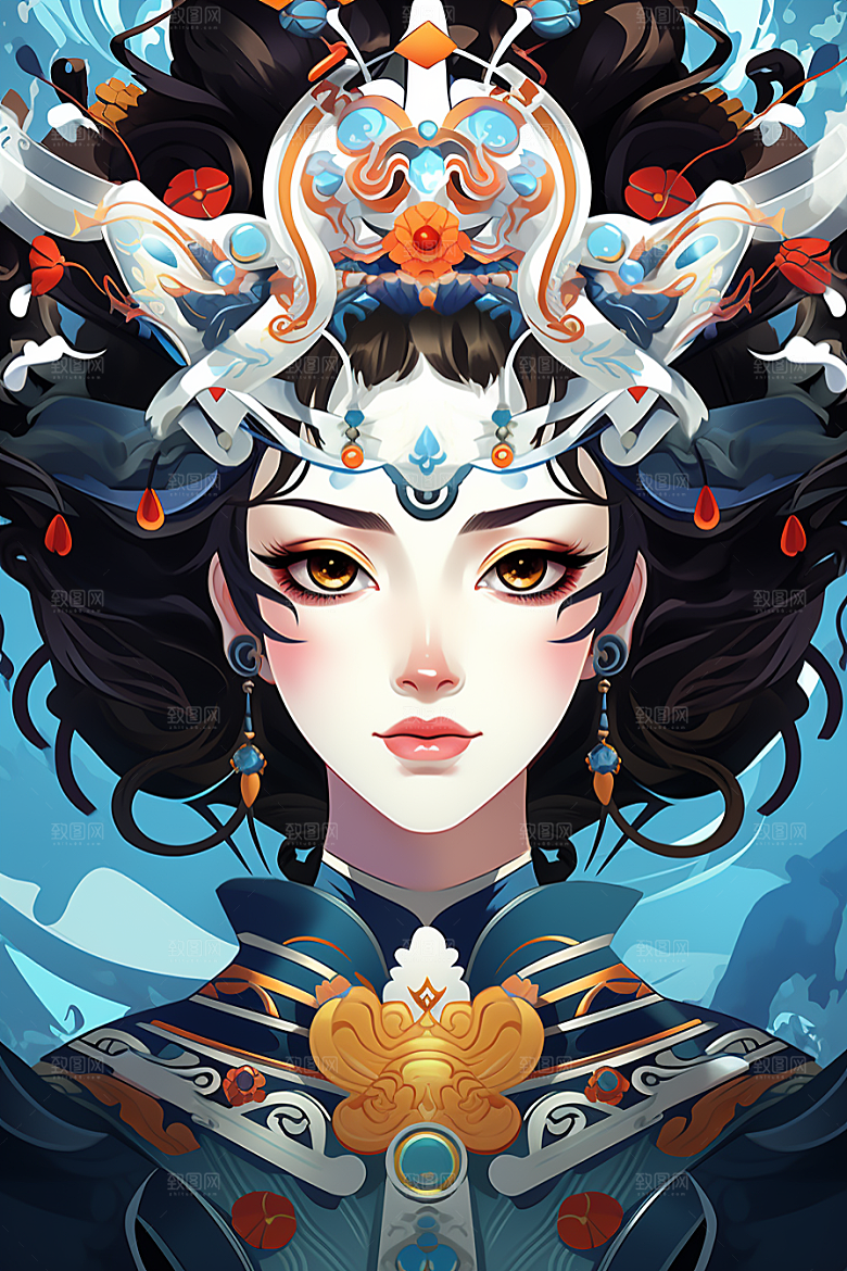 京剧女孩扮相中国风插画