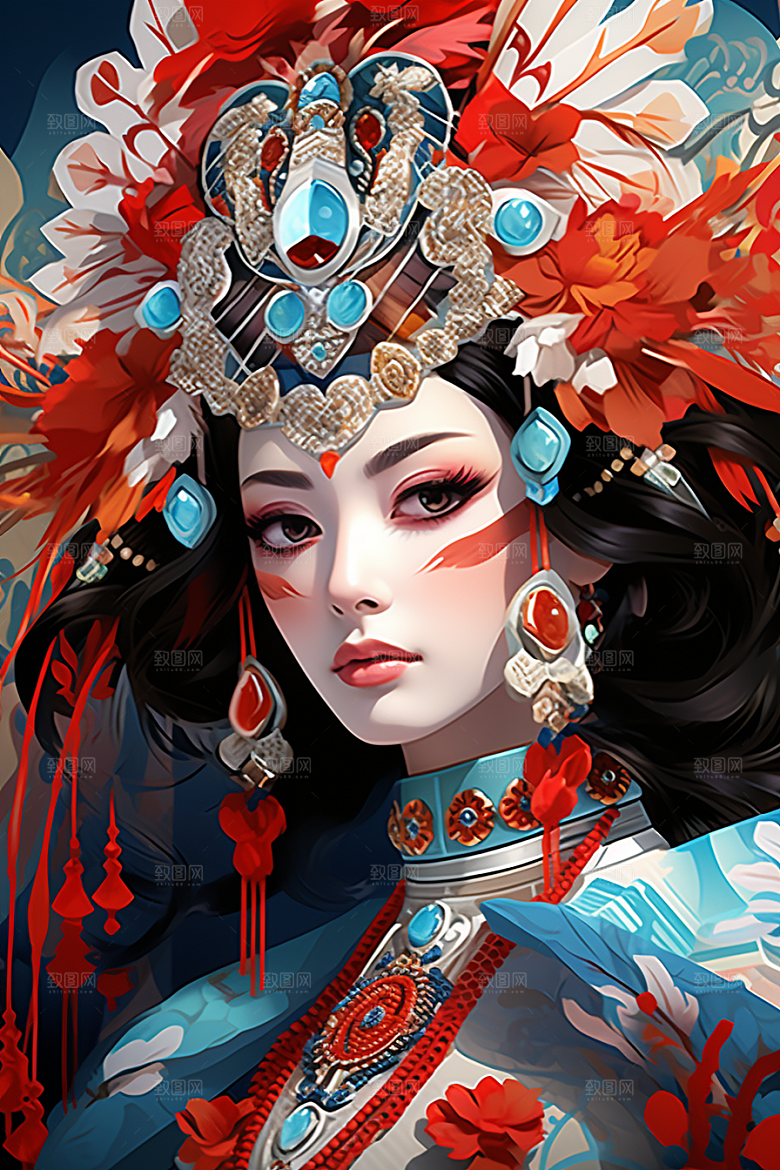 京剧女孩中式手绘插画