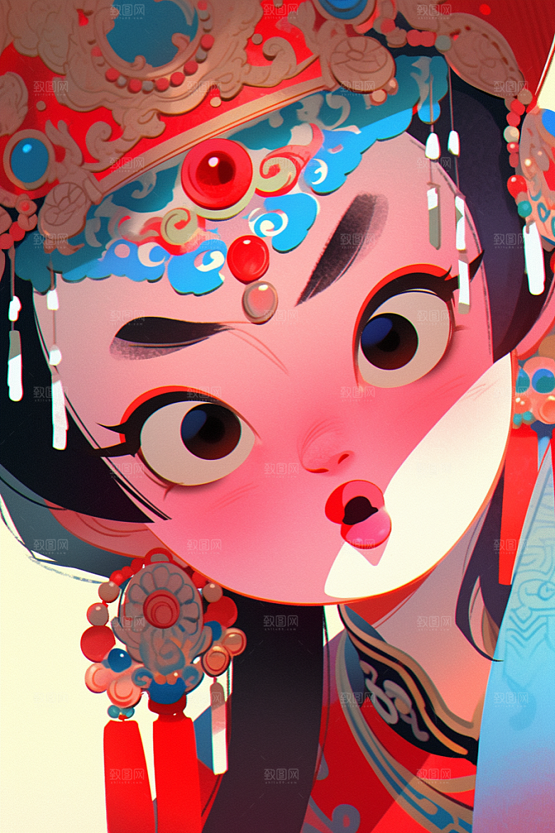 京剧女孩手绘扮相插画