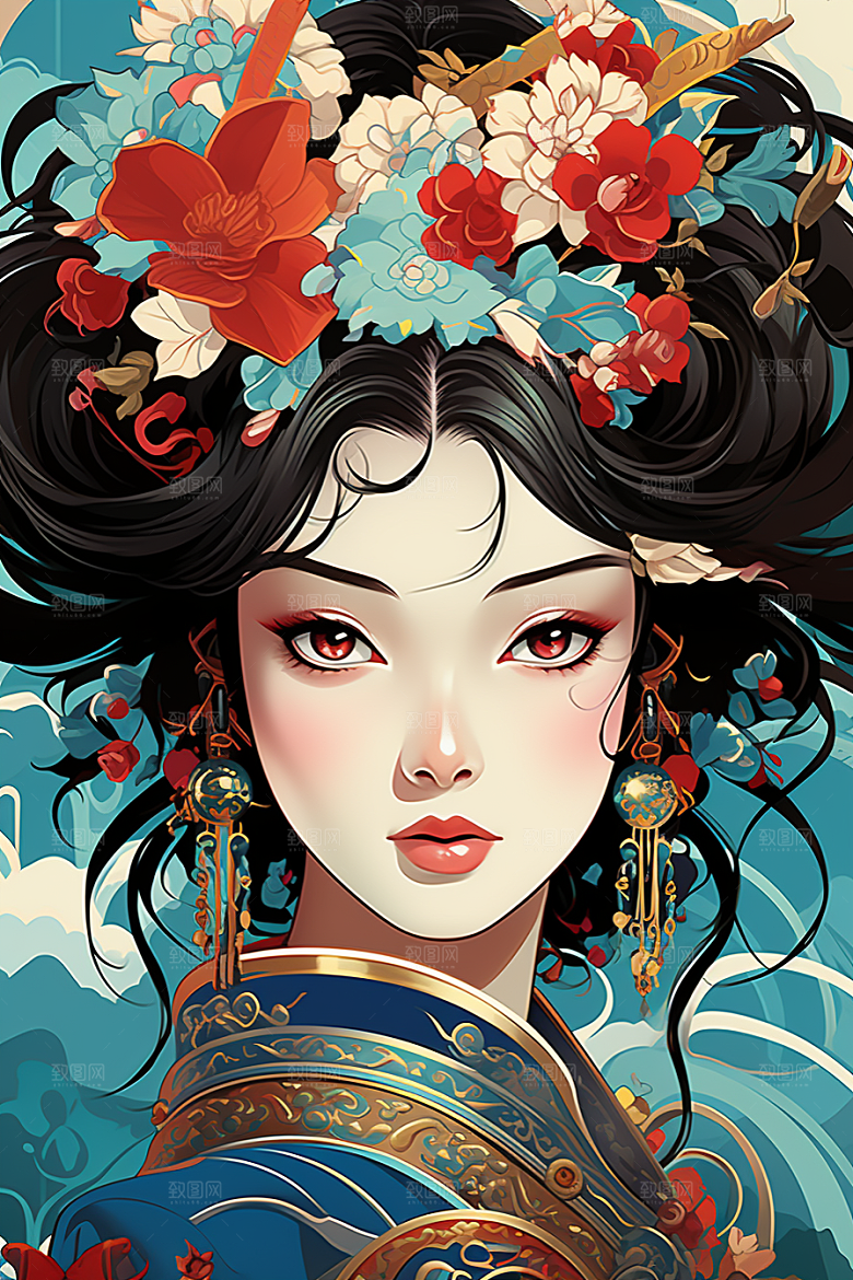 京剧女孩扮相手绘插画
