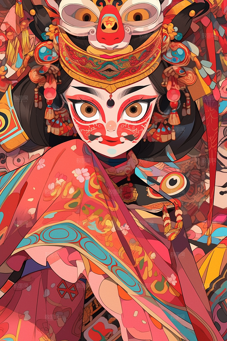京剧女孩中国风扮相插画