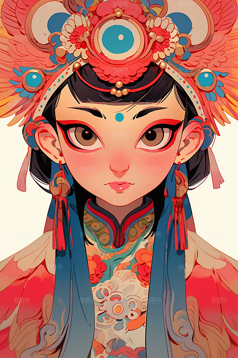 京剧女孩国潮传统风格插画