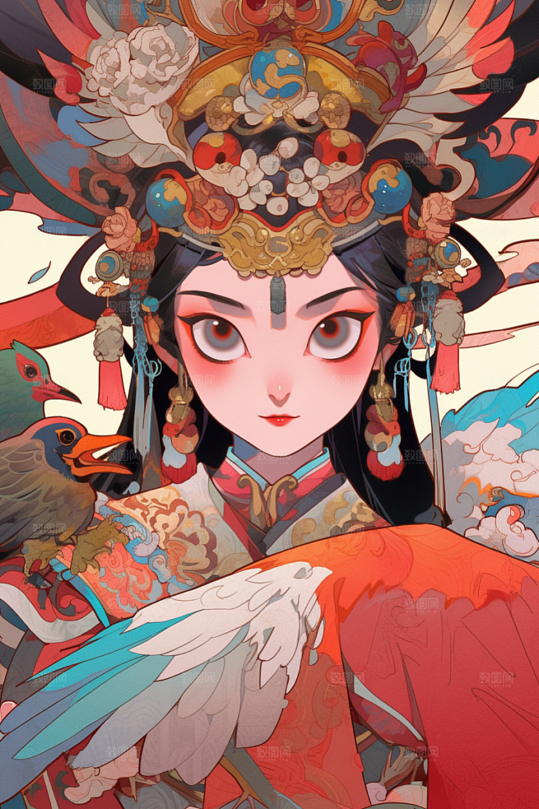 京剧女孩手绘传统风格插画