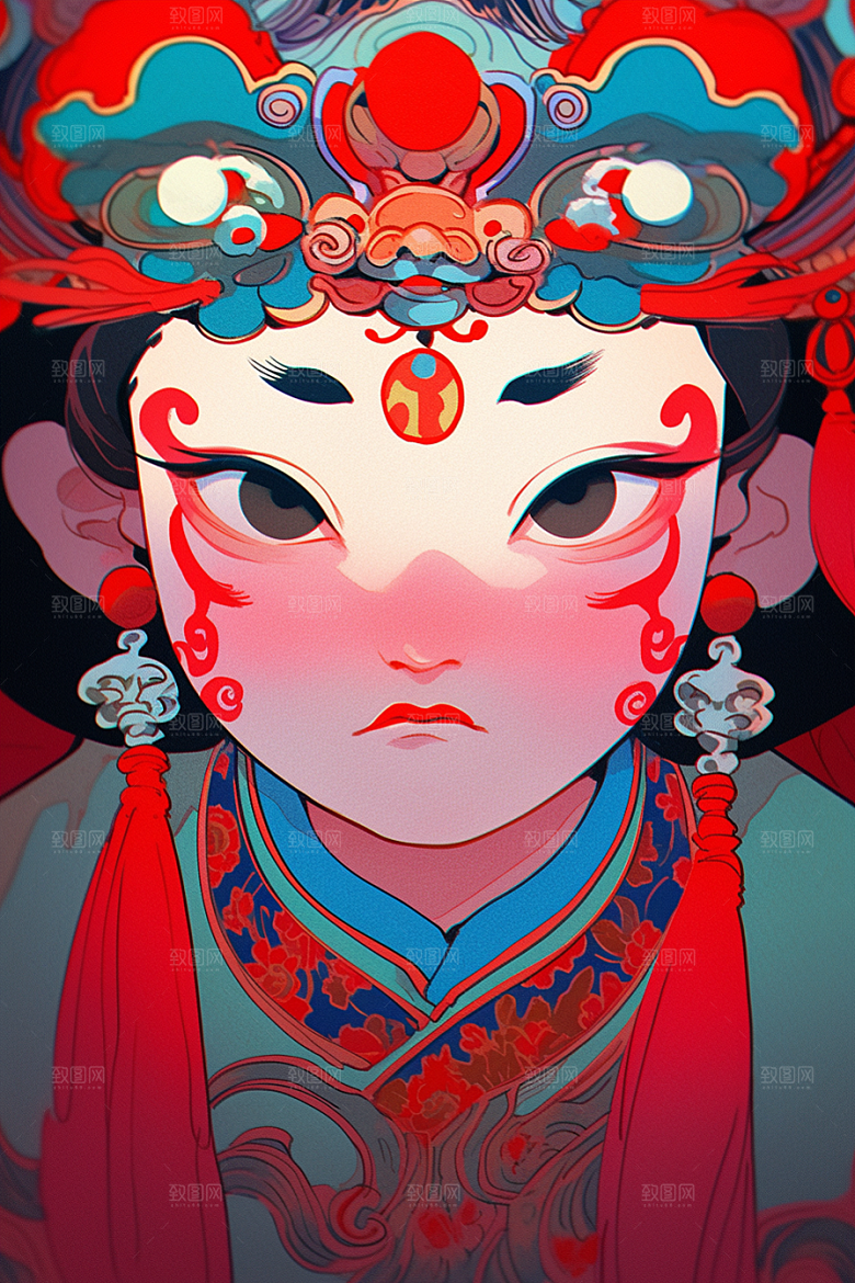 京剧女孩国潮传统风格插画