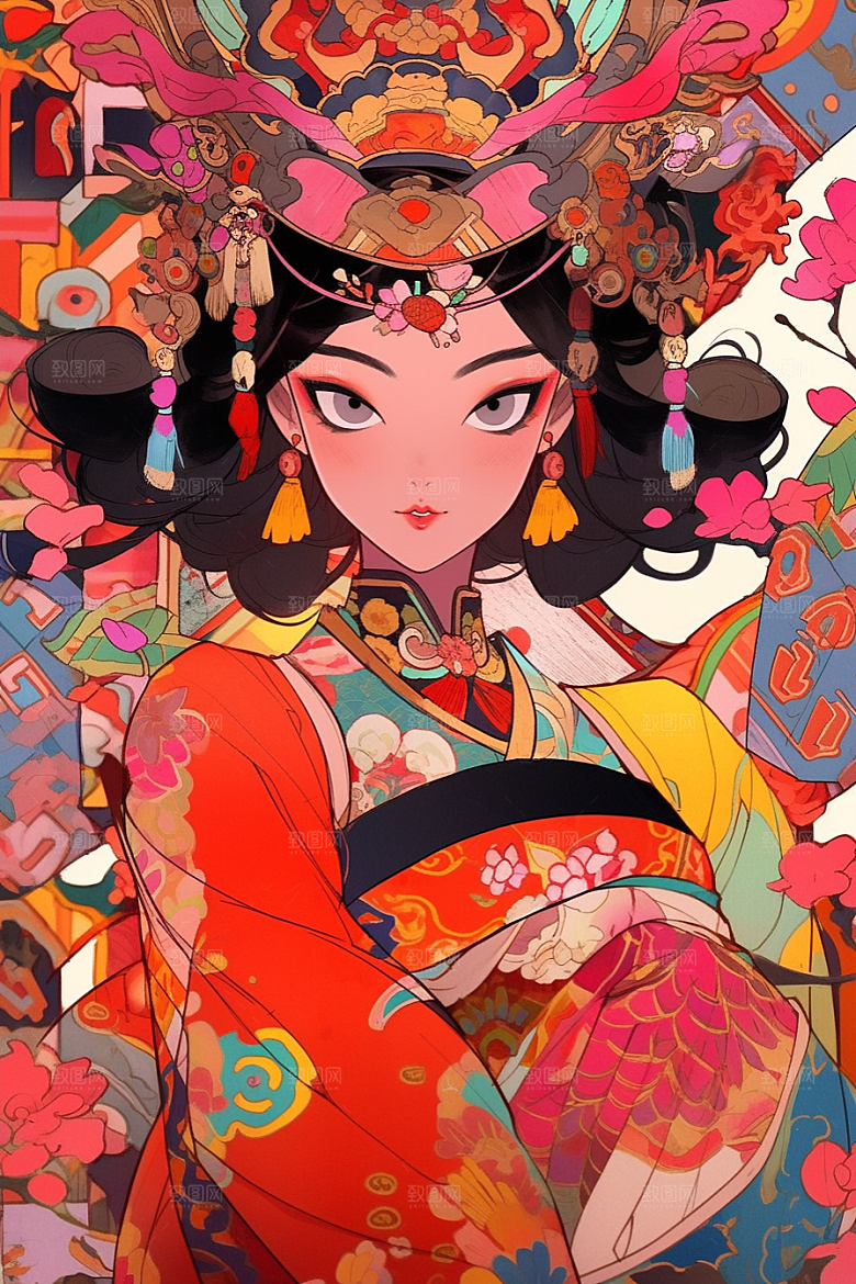 京剧女孩扮相国潮插画