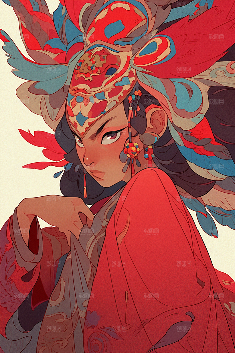 京剧女孩扮相国潮插画