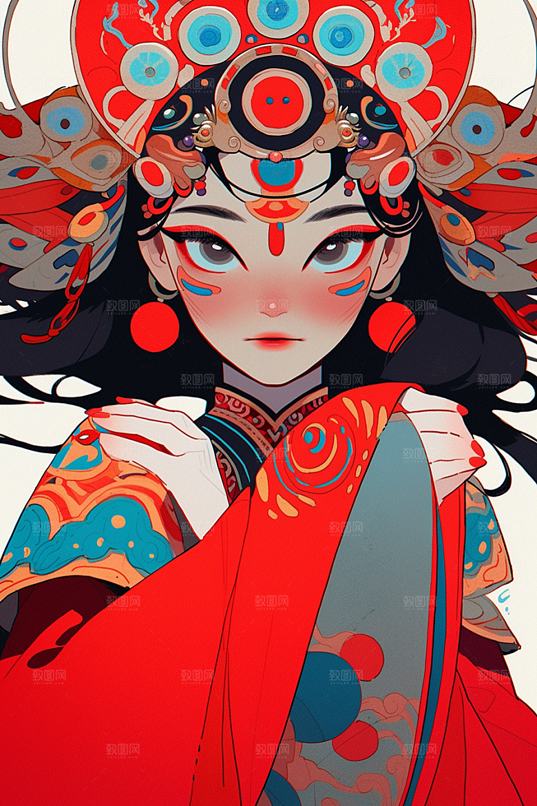 京剧女孩传统风格手绘插画