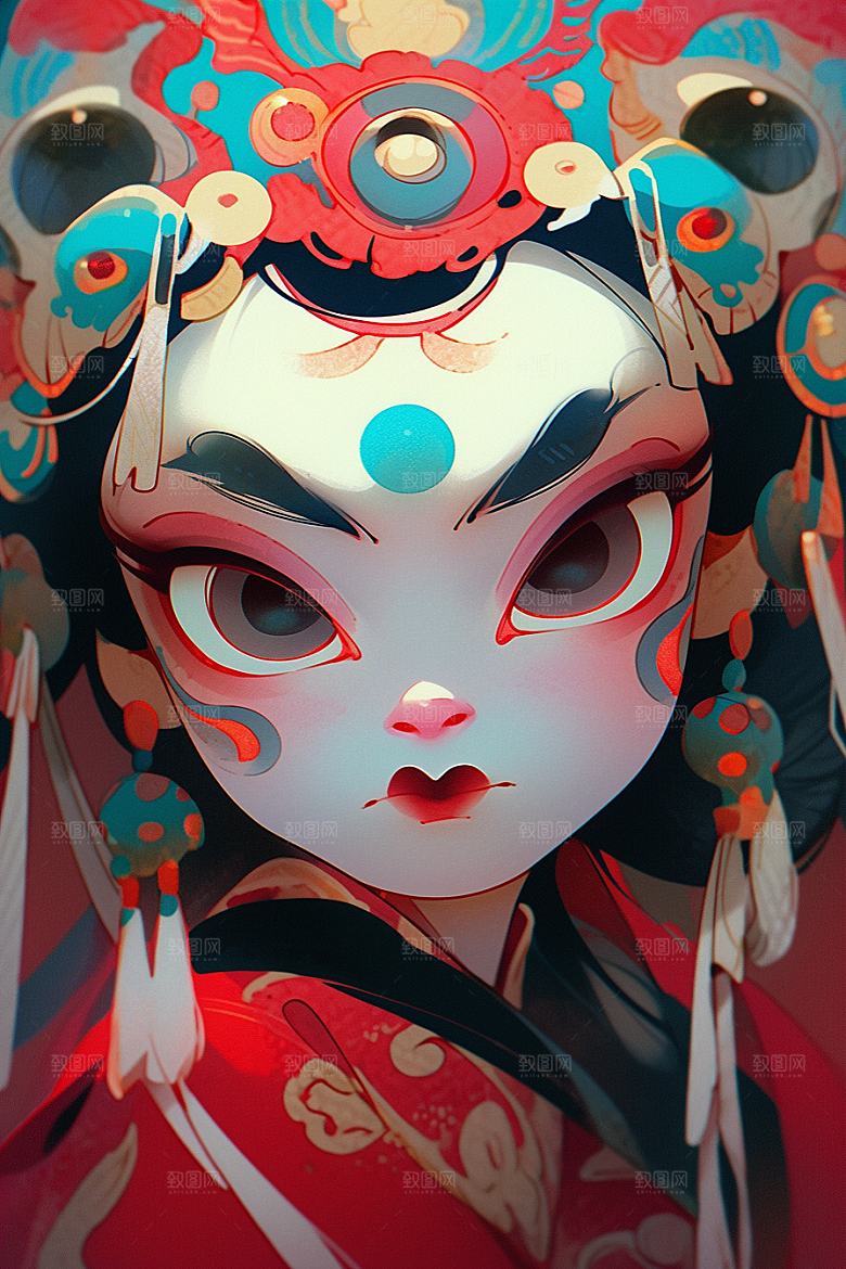 京剧女孩手绘传统风格插画