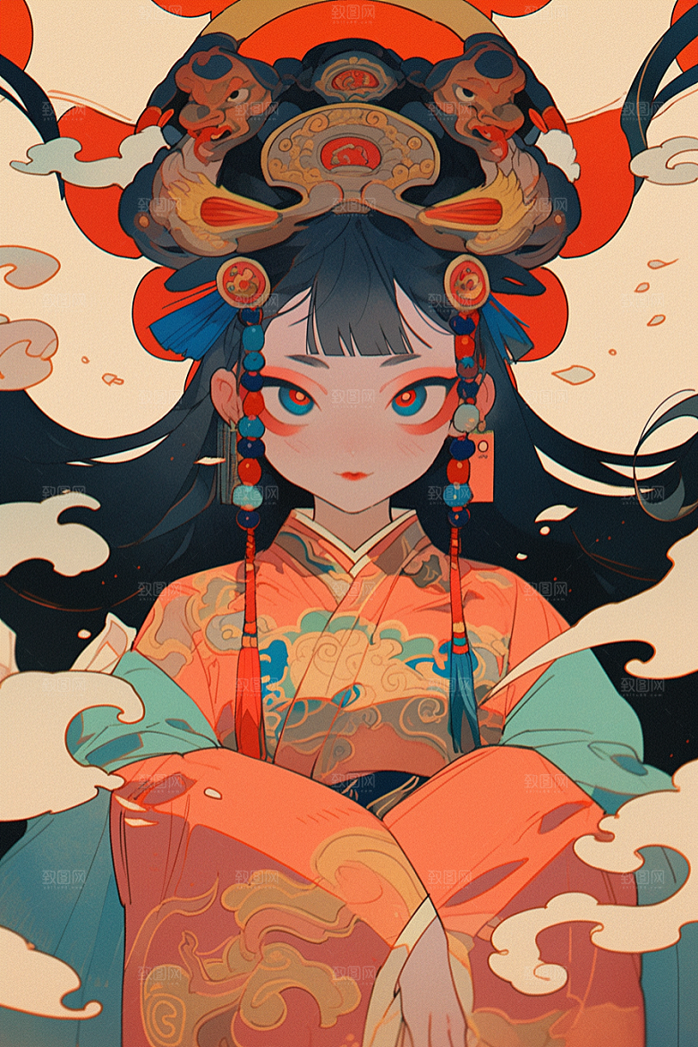 京剧女孩国潮传统风格插画