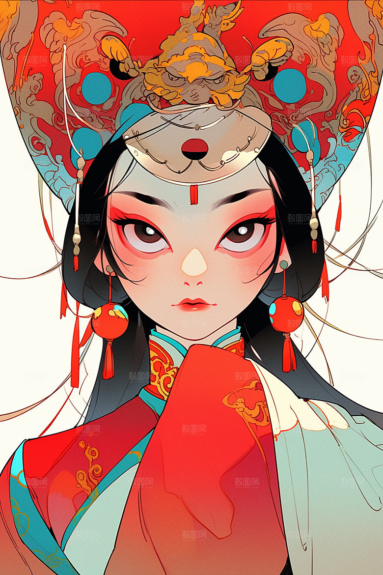 京剧女孩中式传统风格插画