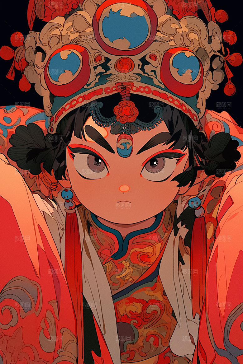 京剧女孩扮相手绘插画