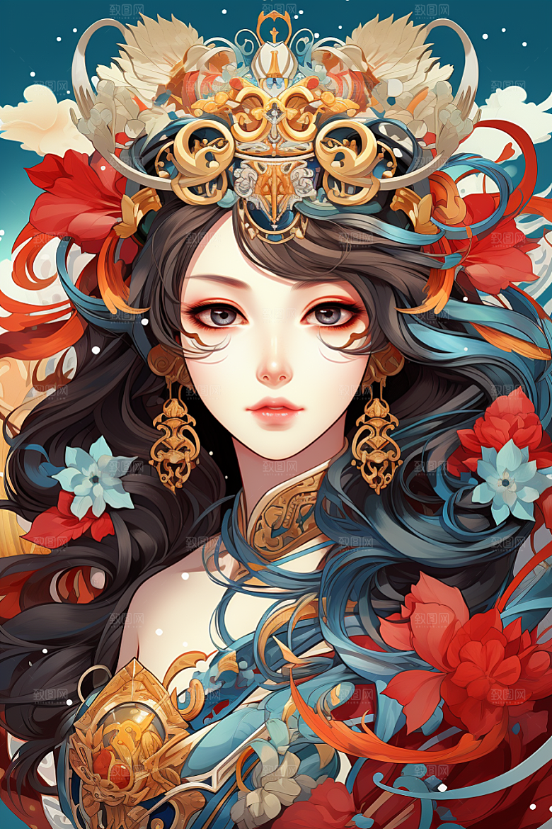 京剧女孩手绘传统风格插画