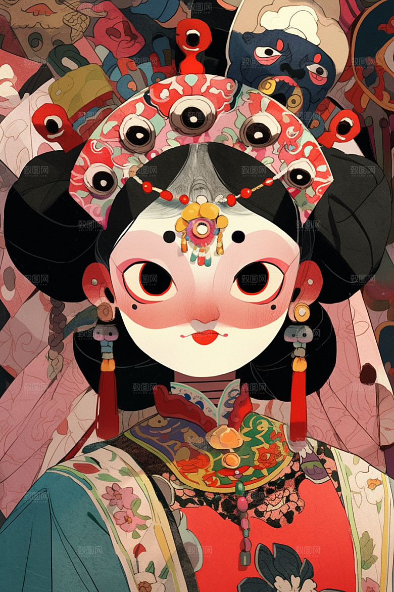 京剧女孩传统风格中国风插画