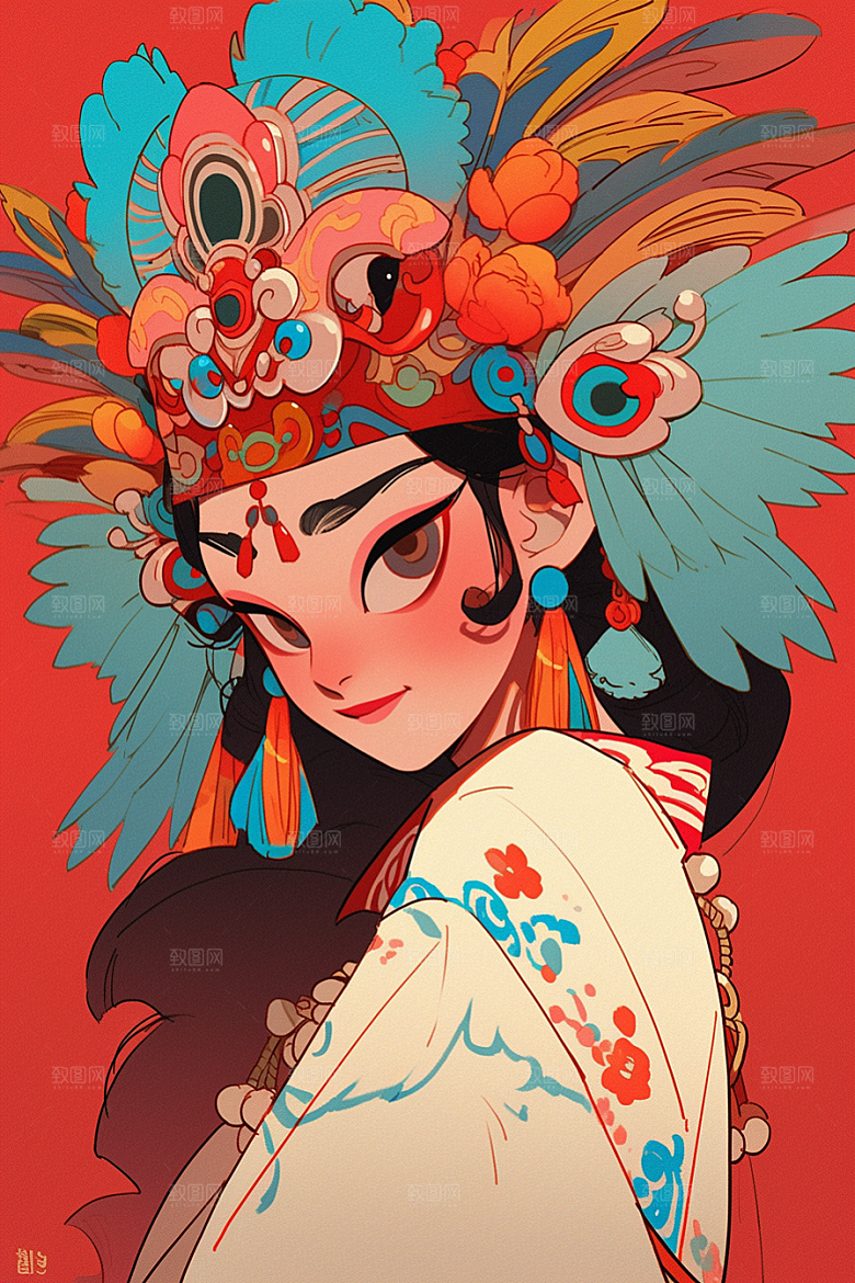 京剧女孩戏剧手绘插画