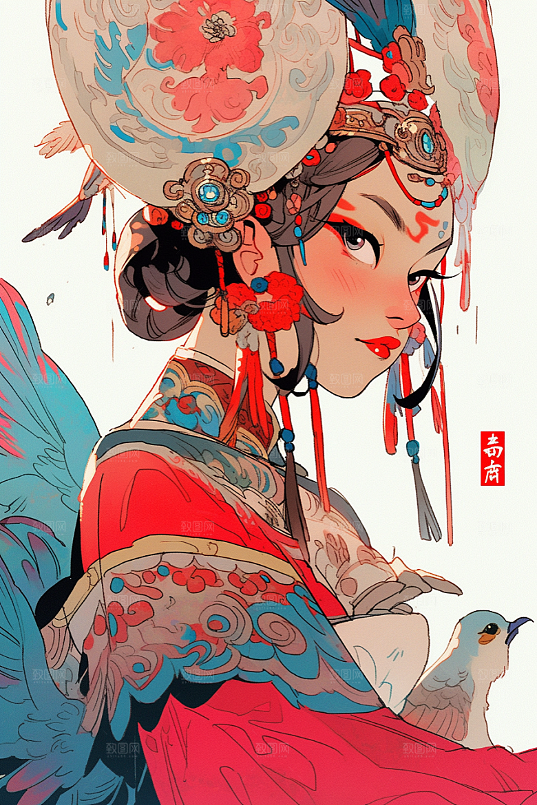 京剧女孩手绘扮相插画