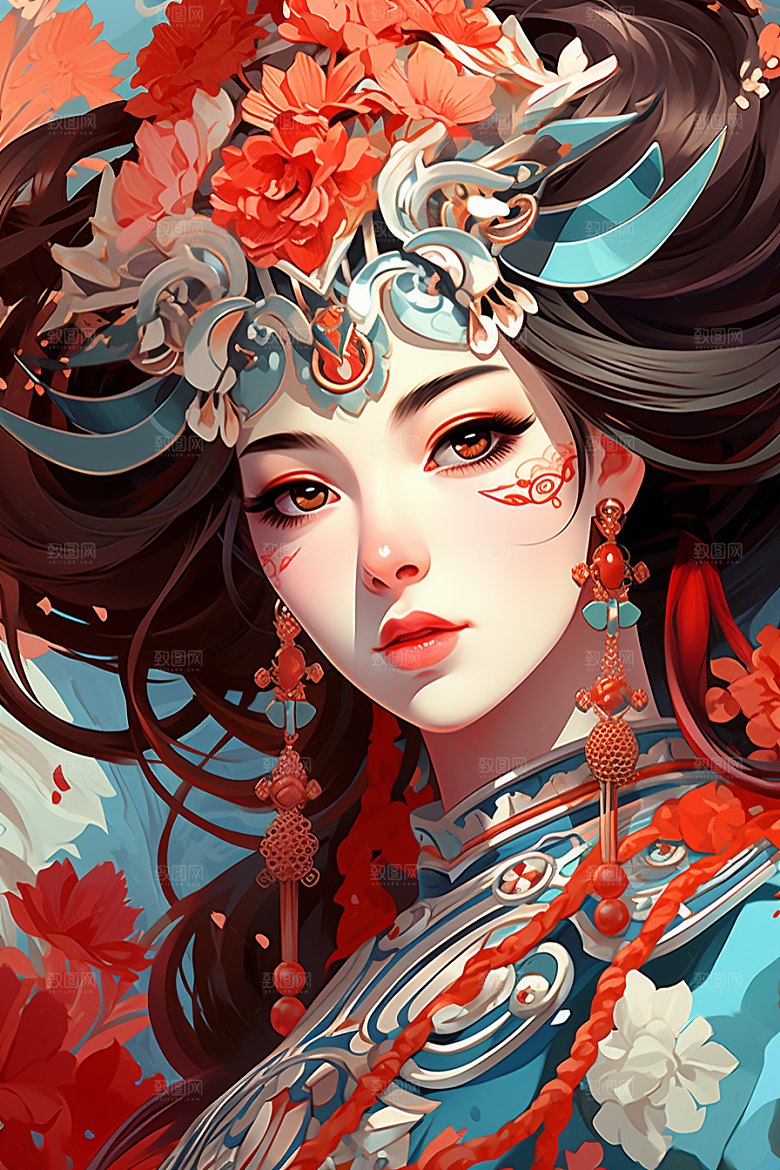 京剧女孩手绘传统风格插画