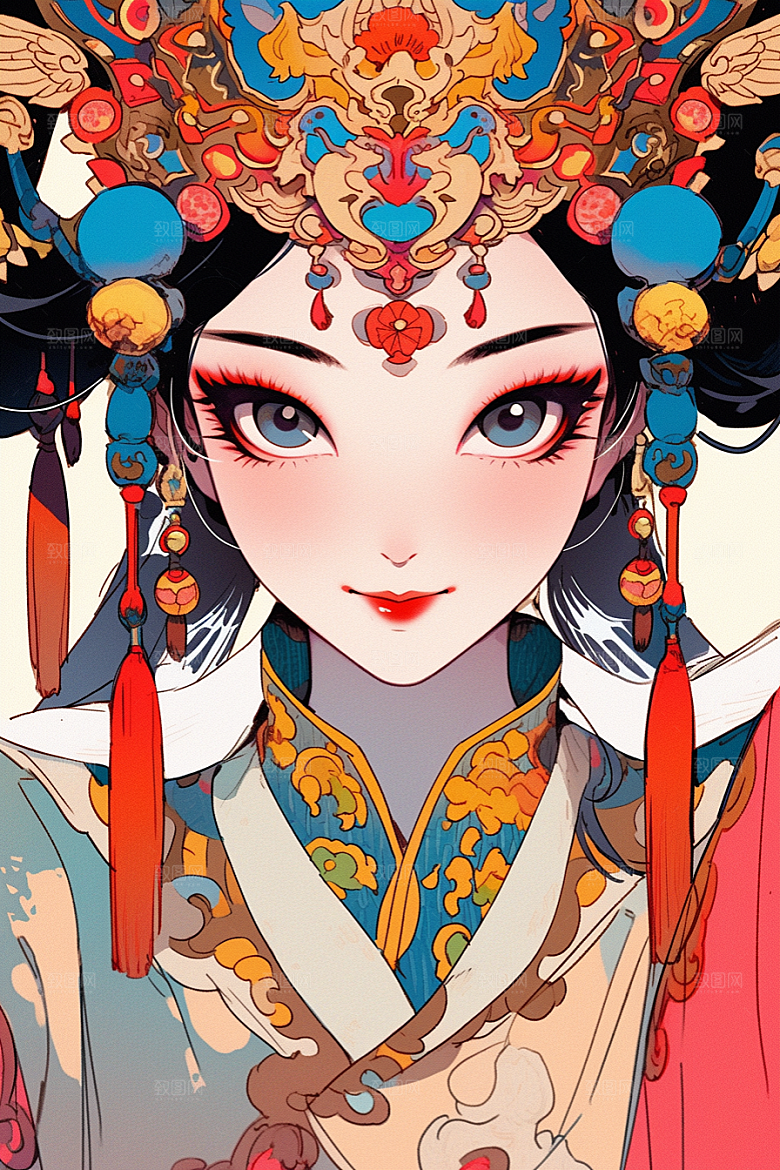 京剧女孩扮相戏剧插画