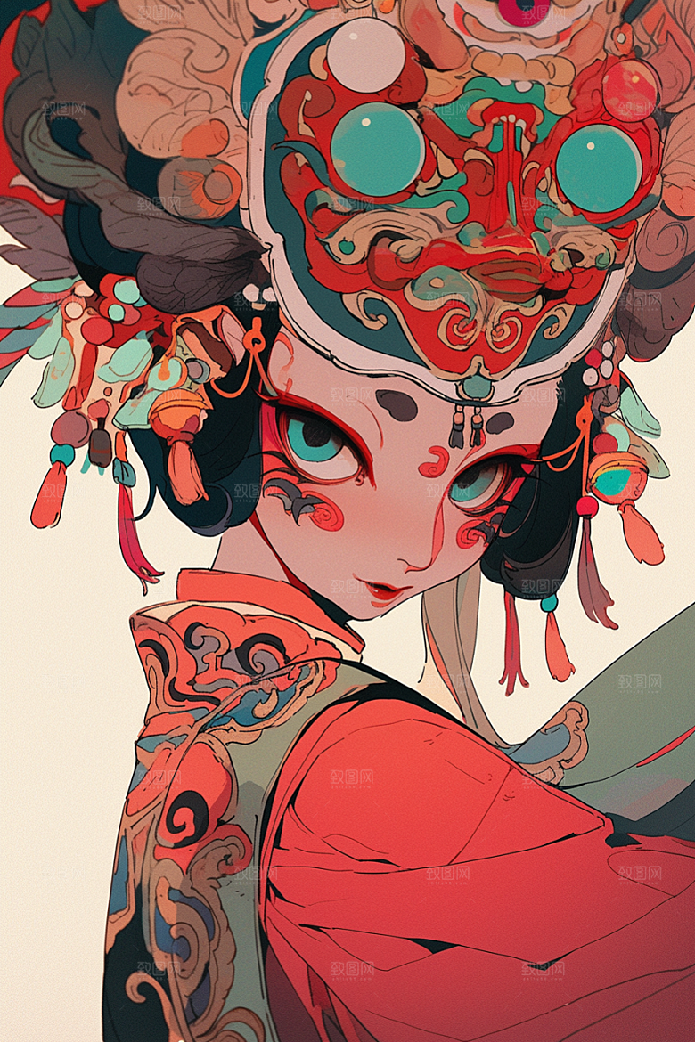 京剧女孩扮相中国风插画