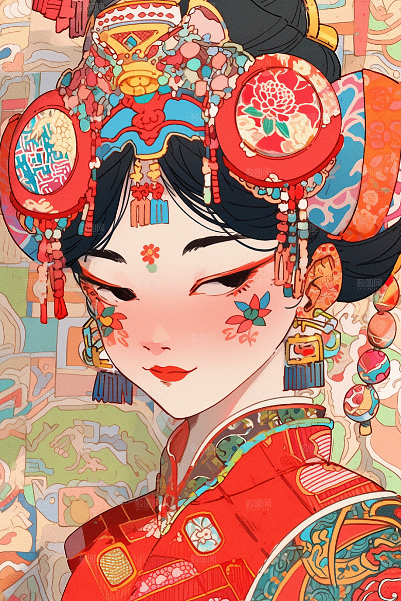 京剧女孩传统风格扮相插画