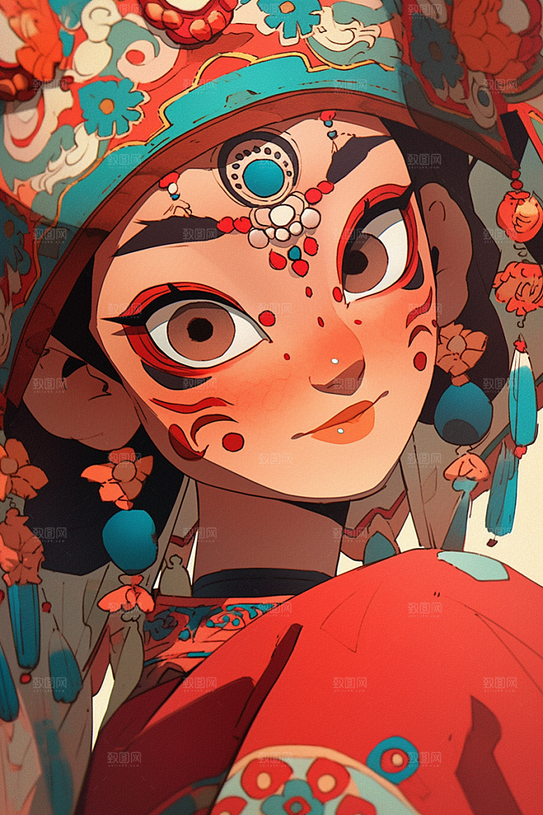 京剧女孩扮相戏剧插画