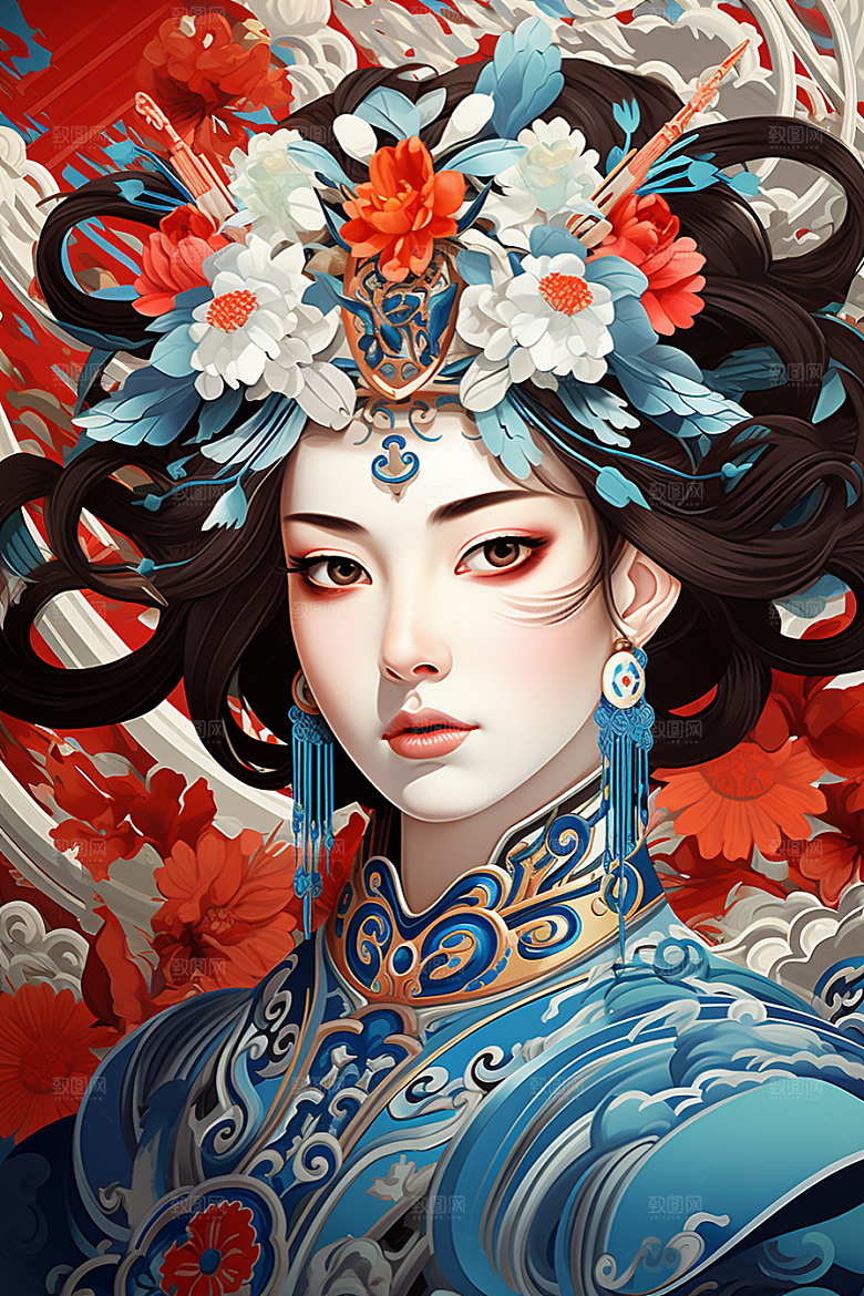 京剧女孩戏剧手绘插画