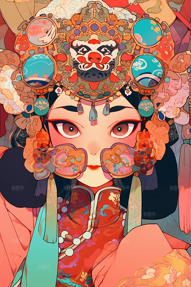京剧女孩戏剧传统风格插画
