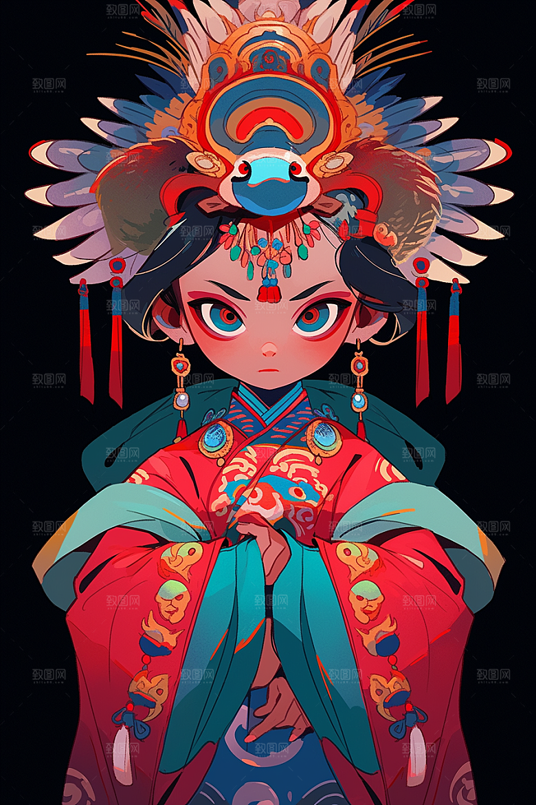 京剧女孩传统风格中式插画