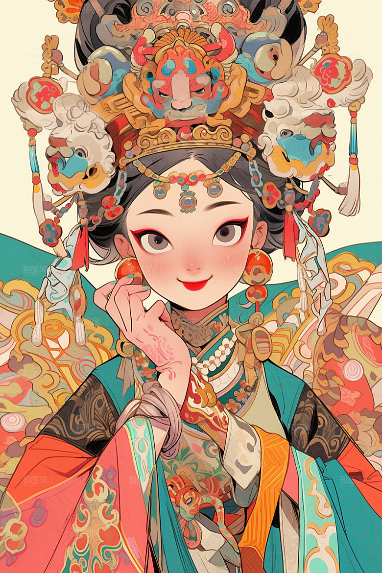 京剧女孩手绘中国风插画