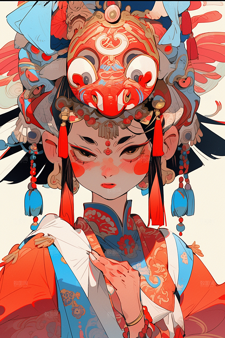 京剧女孩扮相中国风插画