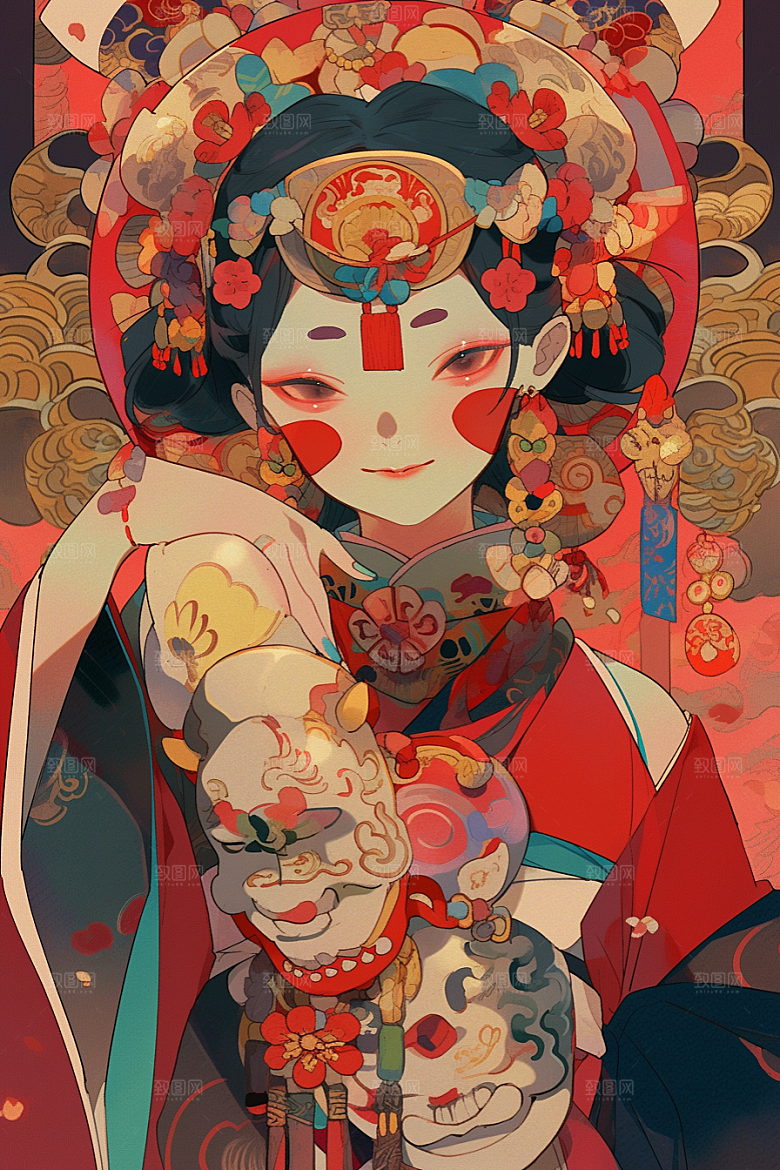 京剧女孩手绘扮相插画