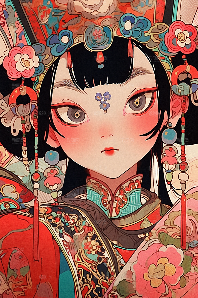 京剧女孩国潮扮相插画