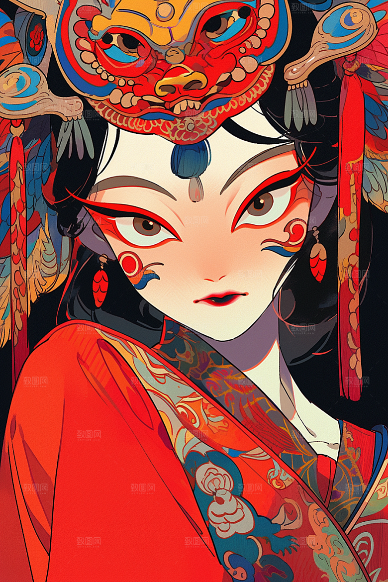 京剧女孩手绘中式插画