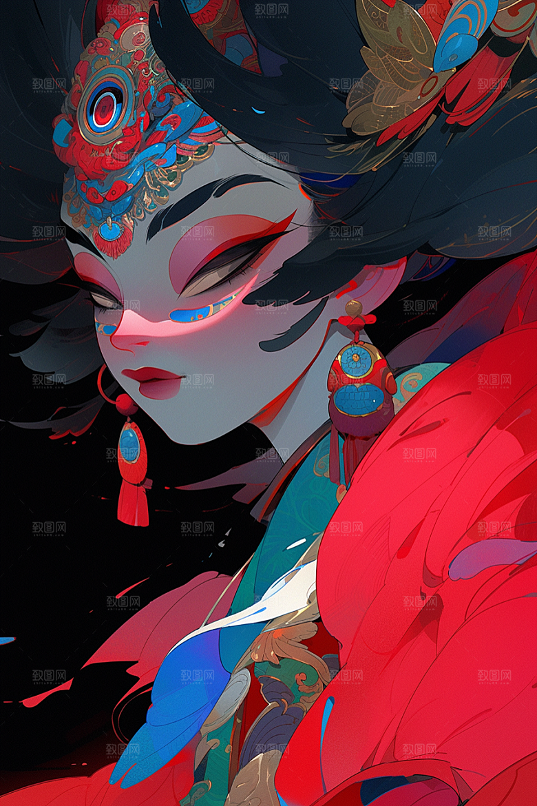 京剧女孩国潮扮相插画
