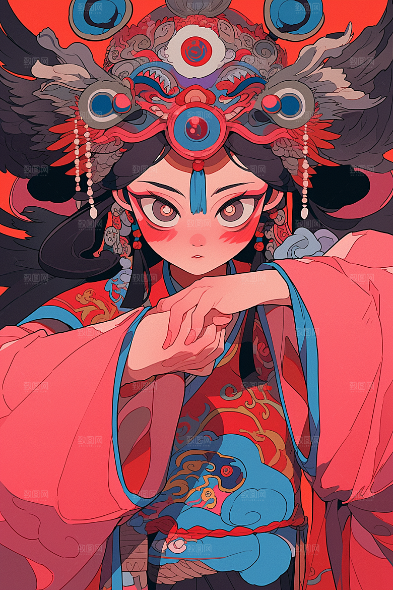 京剧女孩中国风传统风格插画