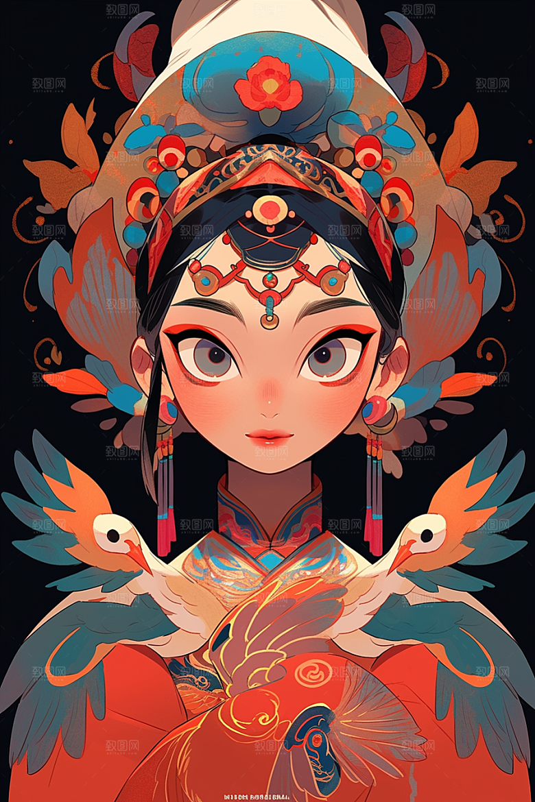 京剧女孩中国风手绘插画