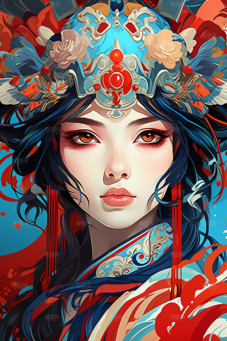 京剧女孩扮相手绘插画