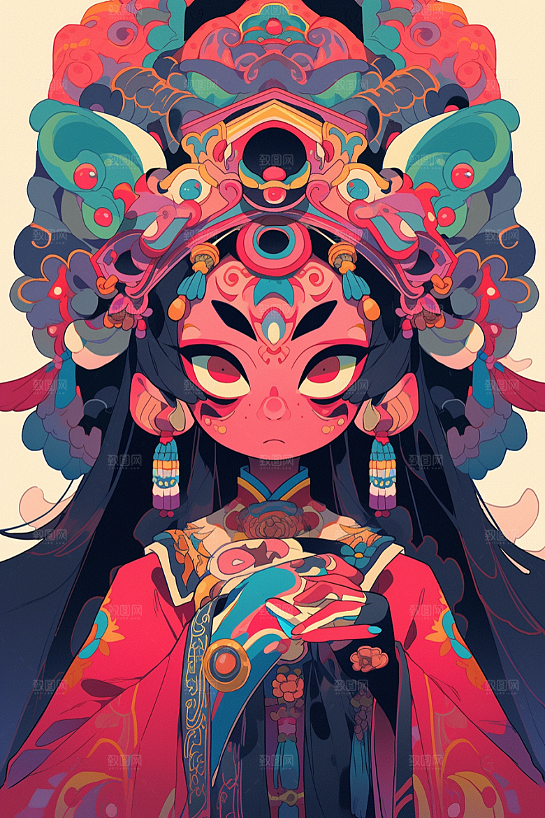 京剧女孩传统风格扮相插画