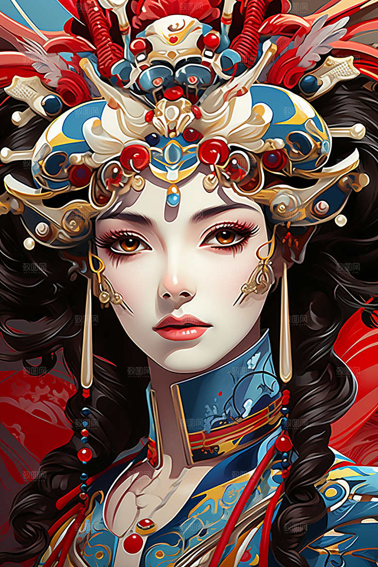京剧女孩扮相中国风插画