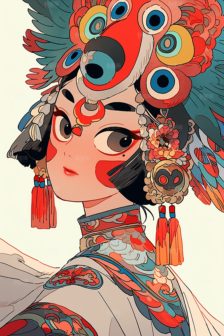 京剧女孩手绘传统风格插画
