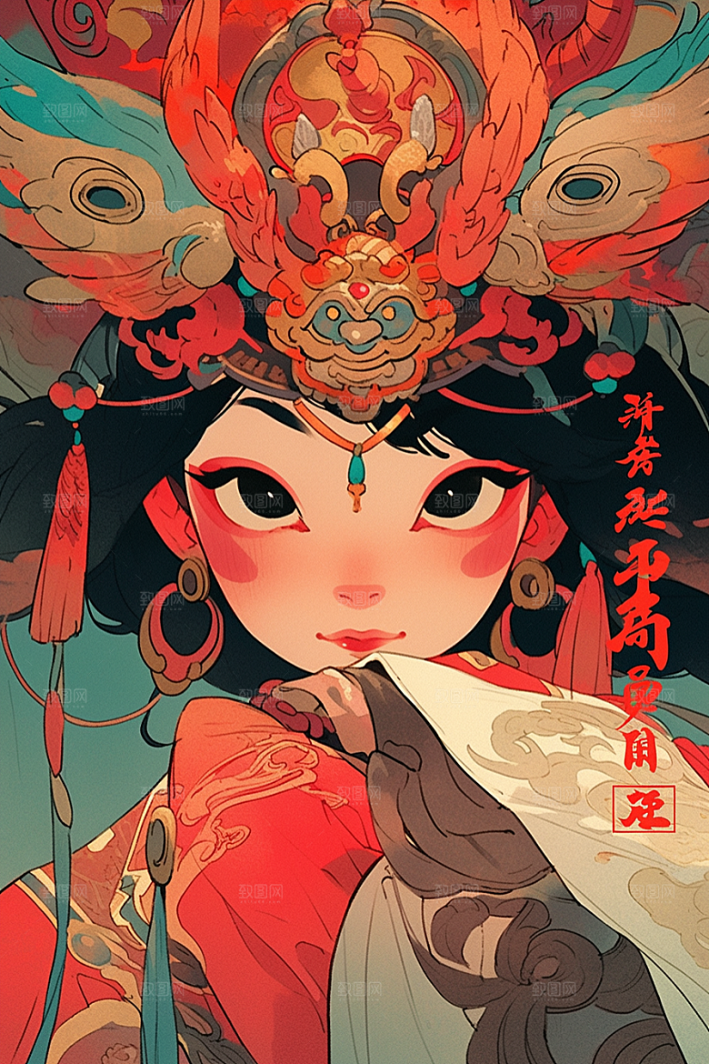 京剧女孩扮相中式插画