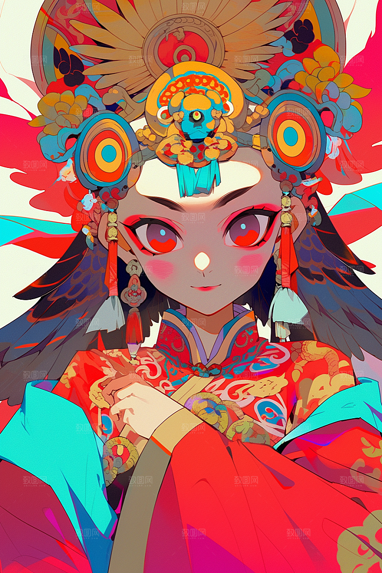 京剧女孩手绘传统风格插画
