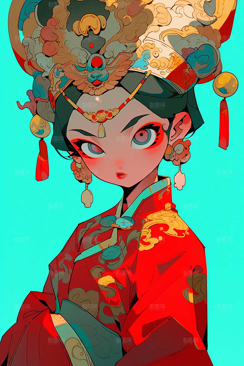 京剧女孩手绘扮相插画