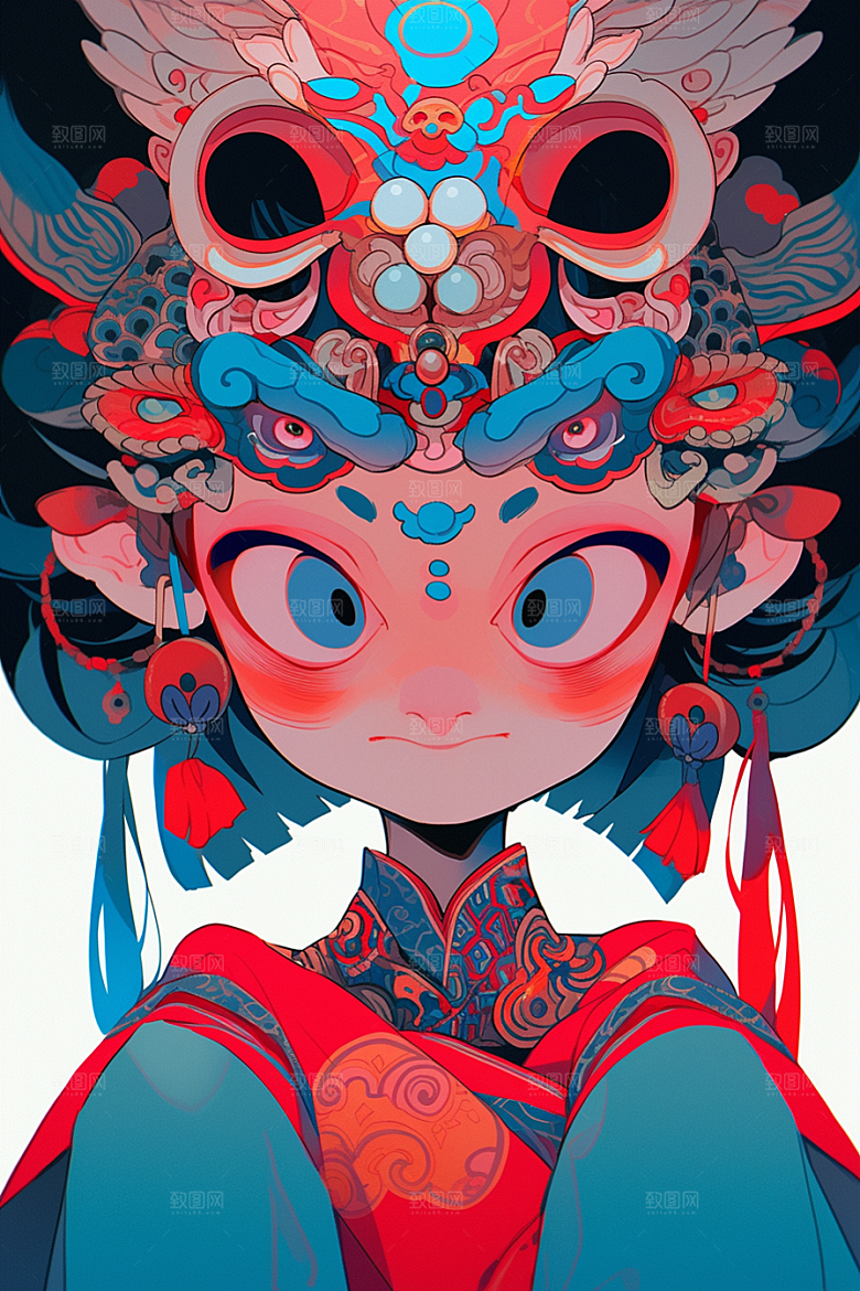 京剧女孩中国风传统风格插画