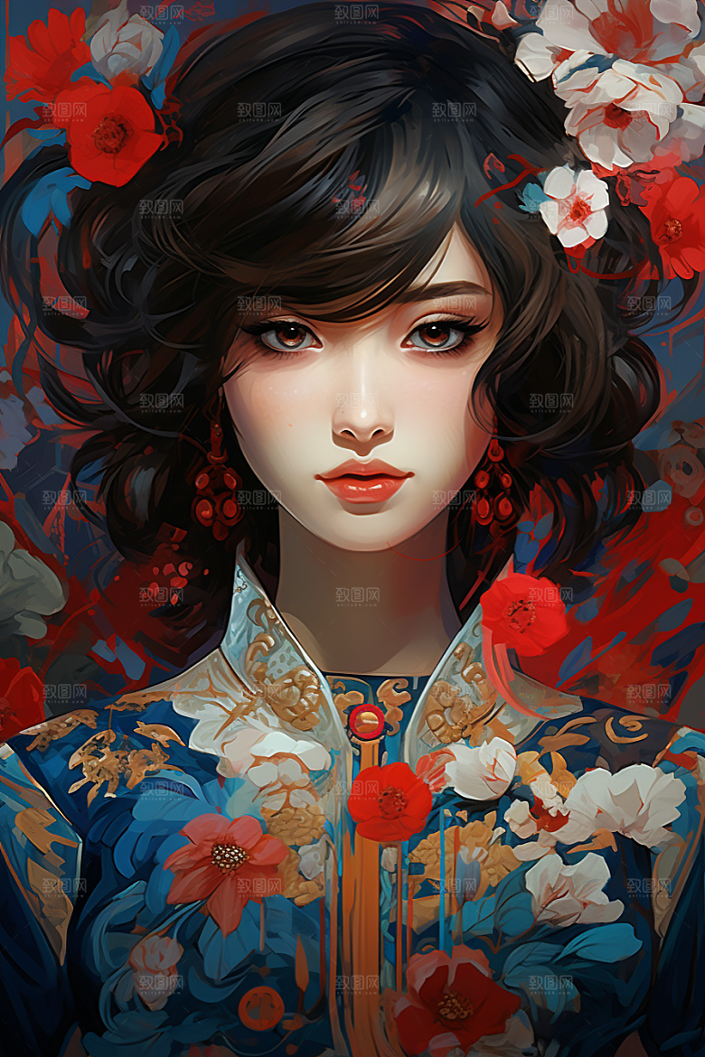 京剧女孩扮相手绘插画